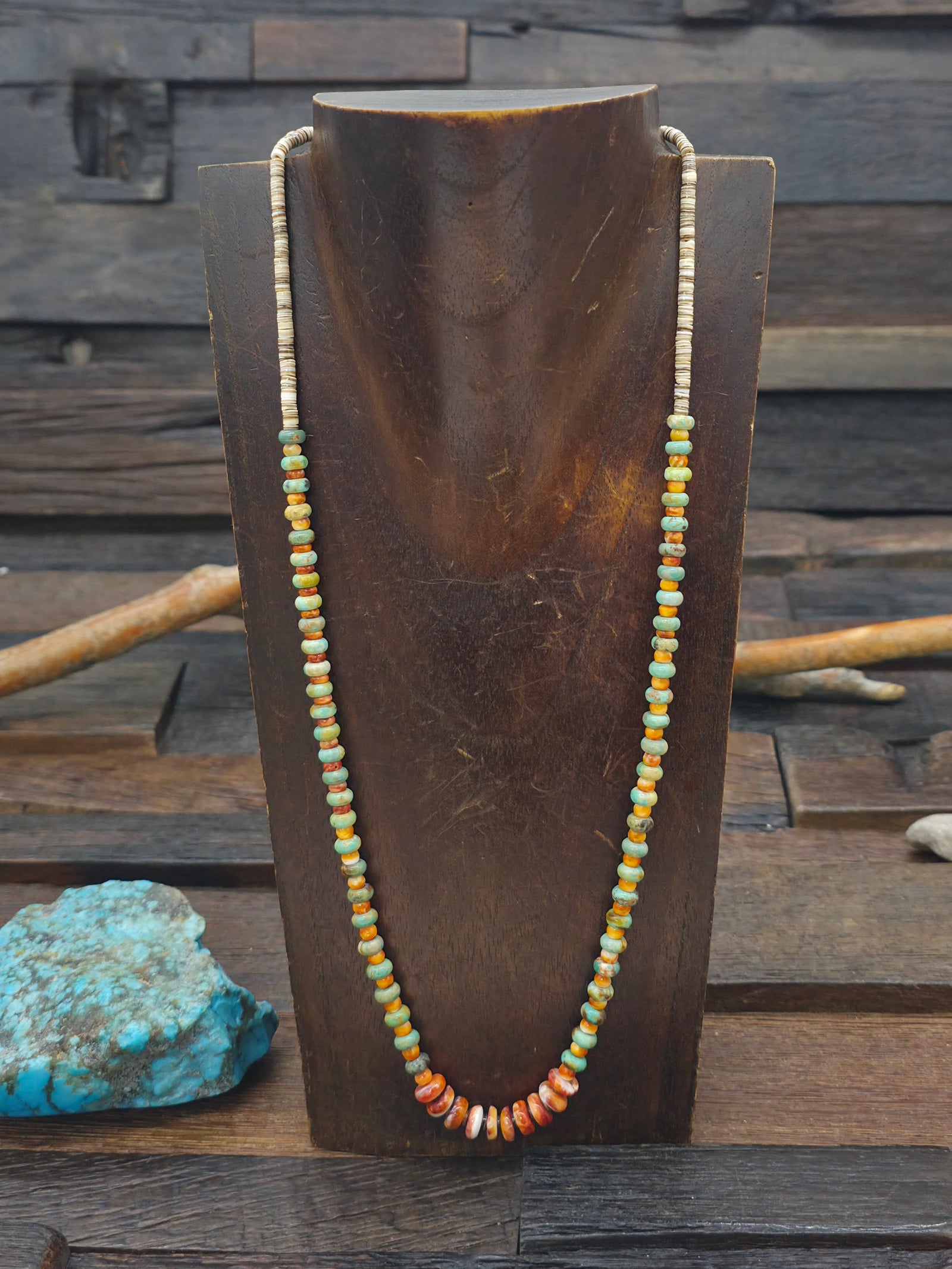 Spiny Oyster, Turquoise, and Heishi Necklace by Robert Coriz - 23 in.