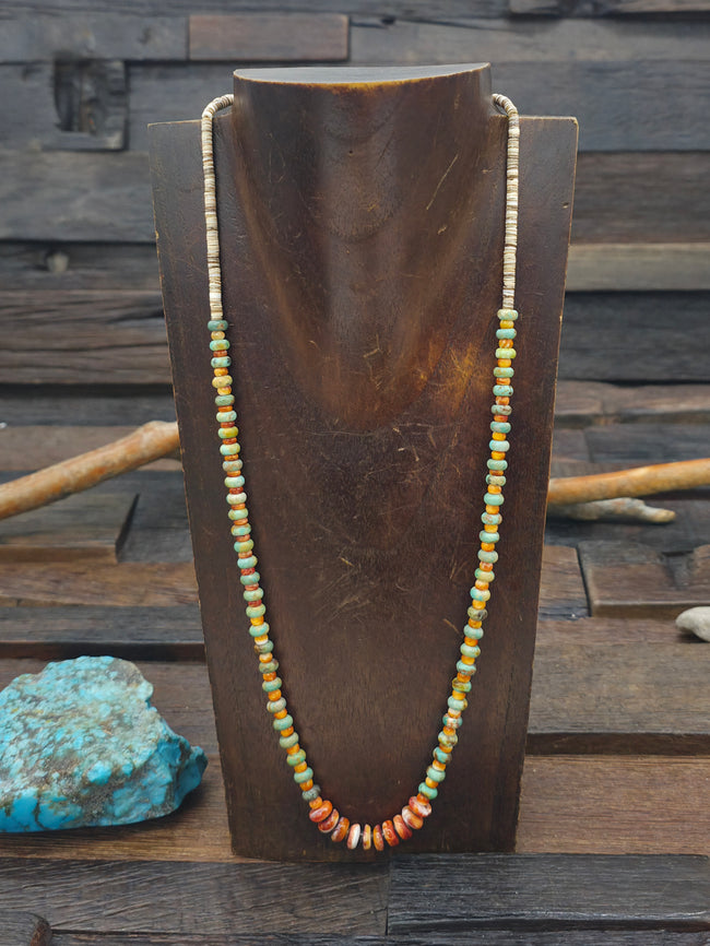 Spiny Oyster, Turquoise, and Heishi Necklace by Robert Coriz - 23 in.