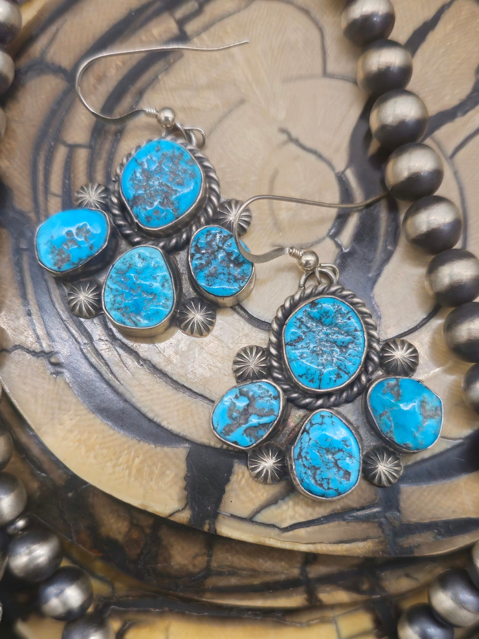 Turquoise Cluster Oxidized Sterling Silver Bead Necklace and Earring Set by Wilson Dawes - 22 in.
