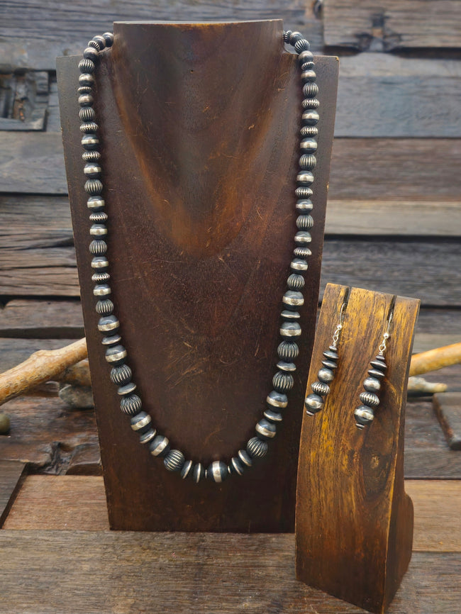 Oxidized Sterling Silver Bead Necklace and Earring Set - 22 in