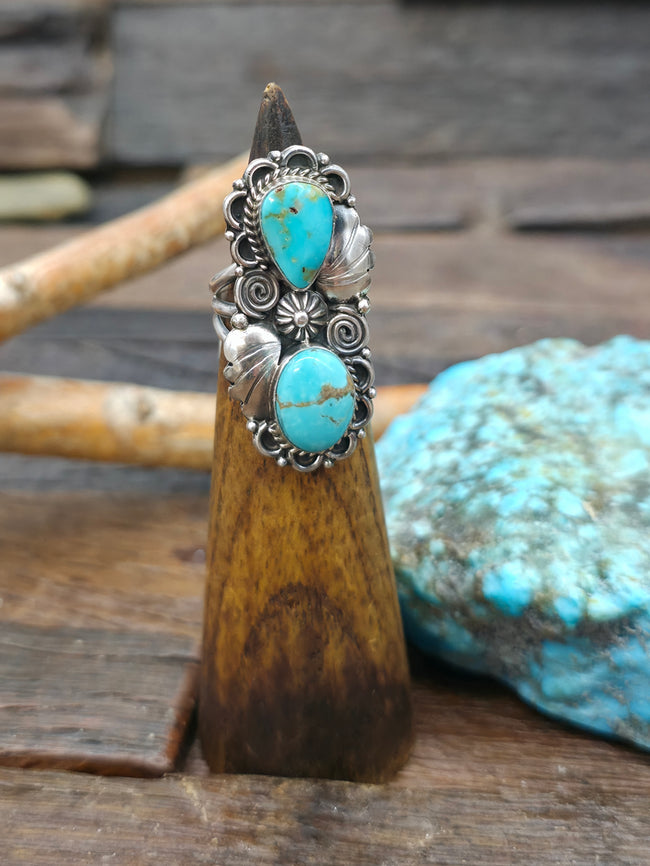 Two Stone Kingman Turquoise Ring with Sterling Silver Leaf Applique by Renee Yazzie - Size 6 1/2