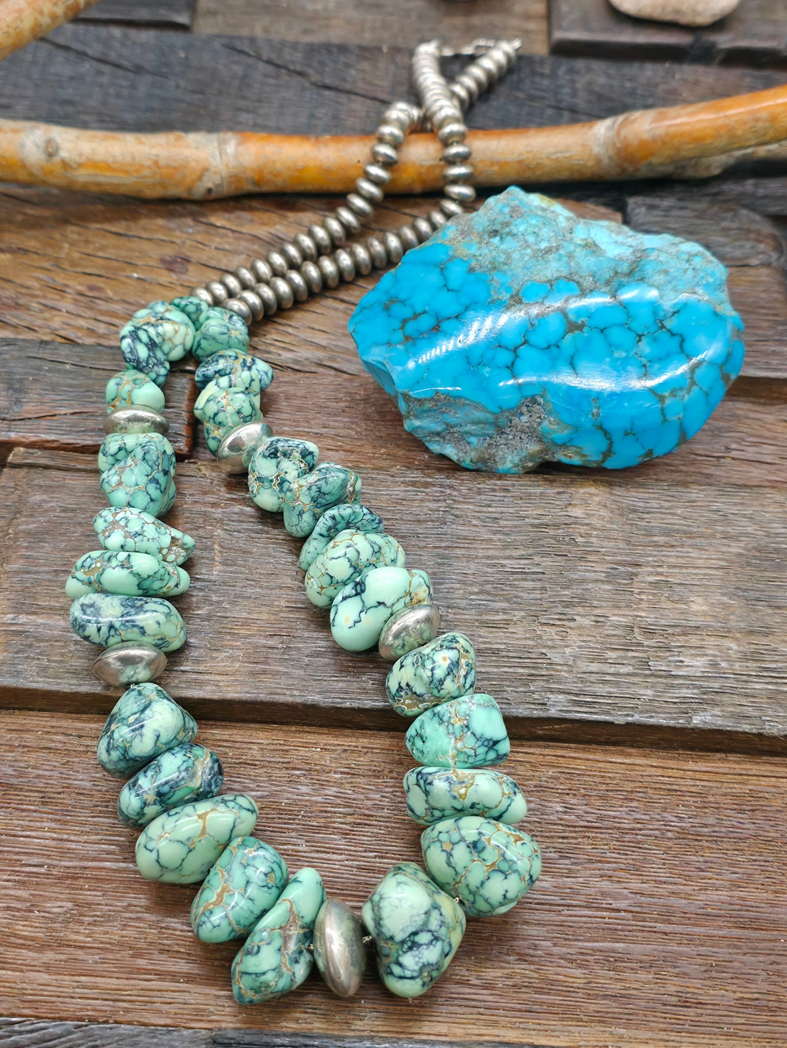 Sterling Silver and Damele Turquoise Nugget Necklace by Fred Archuleta - 25 in.