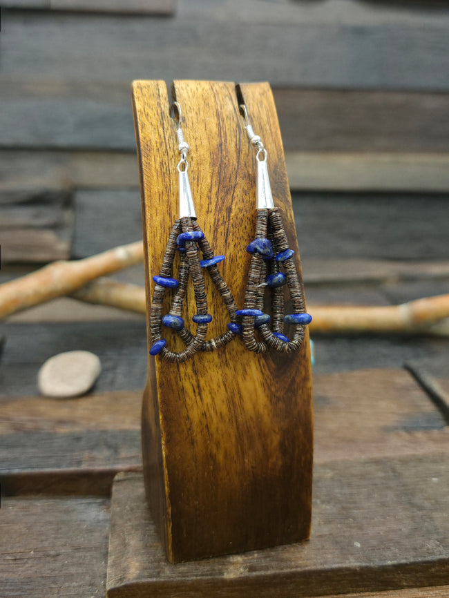 Heishi and Lapis Nugget Bead Earrings by Ramona Bird - 3 in. by 3/4 in.