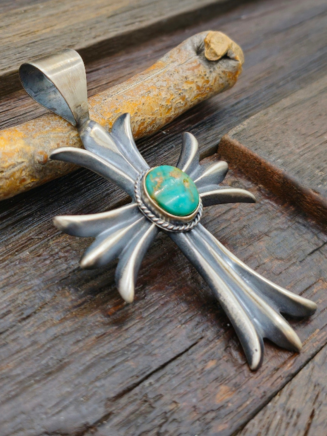 Emerald Valley Turquoise Sterling Silver Cross Pendant by Harrison Bitsue