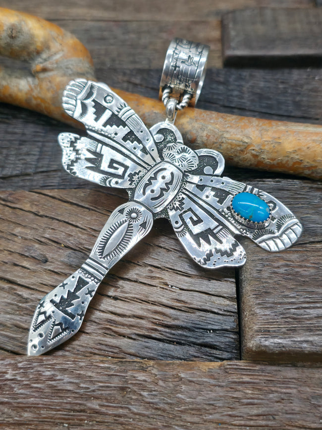 Large Sterling Silver and Turquoise Dragonfly Pendant by Richard Singer - 4 1/2 in. by 3 1/2 in.