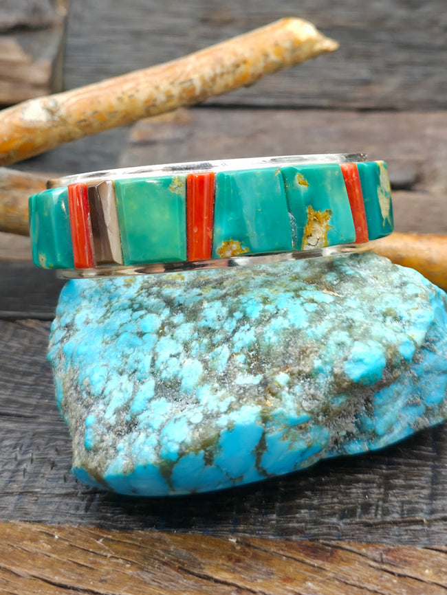 Sterling Silver Cobblestone Inlay Cuff with Turquoise, Coral and Fossil Ivory by Walter Vandever - 6 3/4 in. with Gap