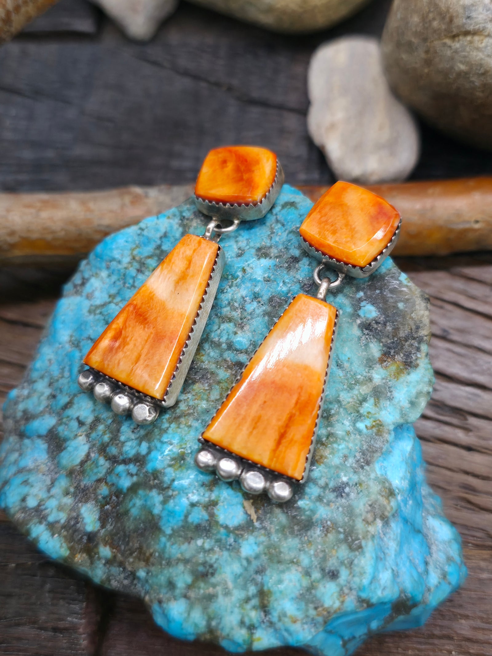 Sterling Silver Orange Spiny Oyster Post Dangle Earrings by Selena Warner - 2 in. by 5/8 in.