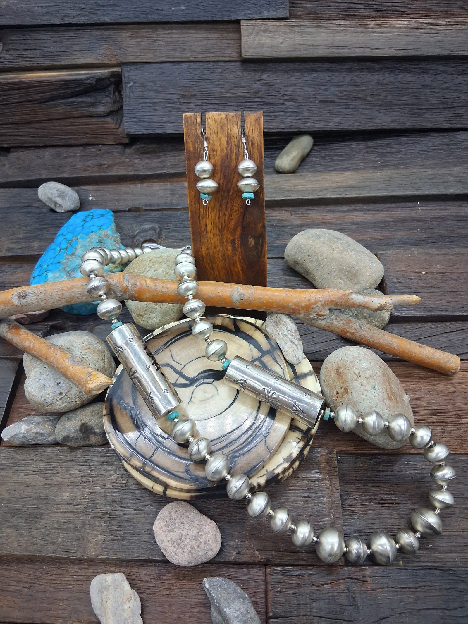 Sterling Silver Beads Necklace 26in with Green Turquoise and Hook Dangle Earring Set by 'B.S.'