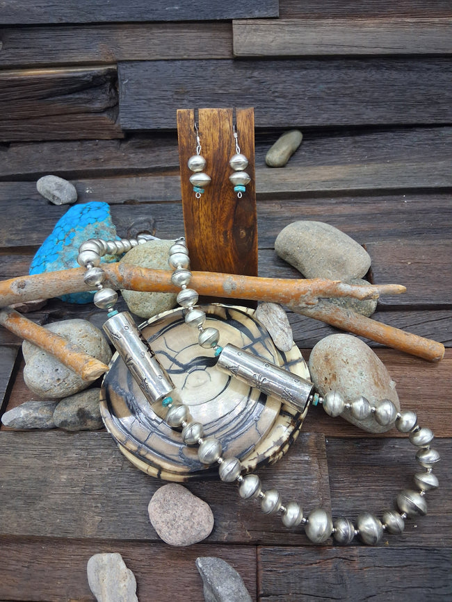 Sterling Silver Beads Necklace 26in with Green Turquoise and Hook Dangle Earring Set by 'B.S.'