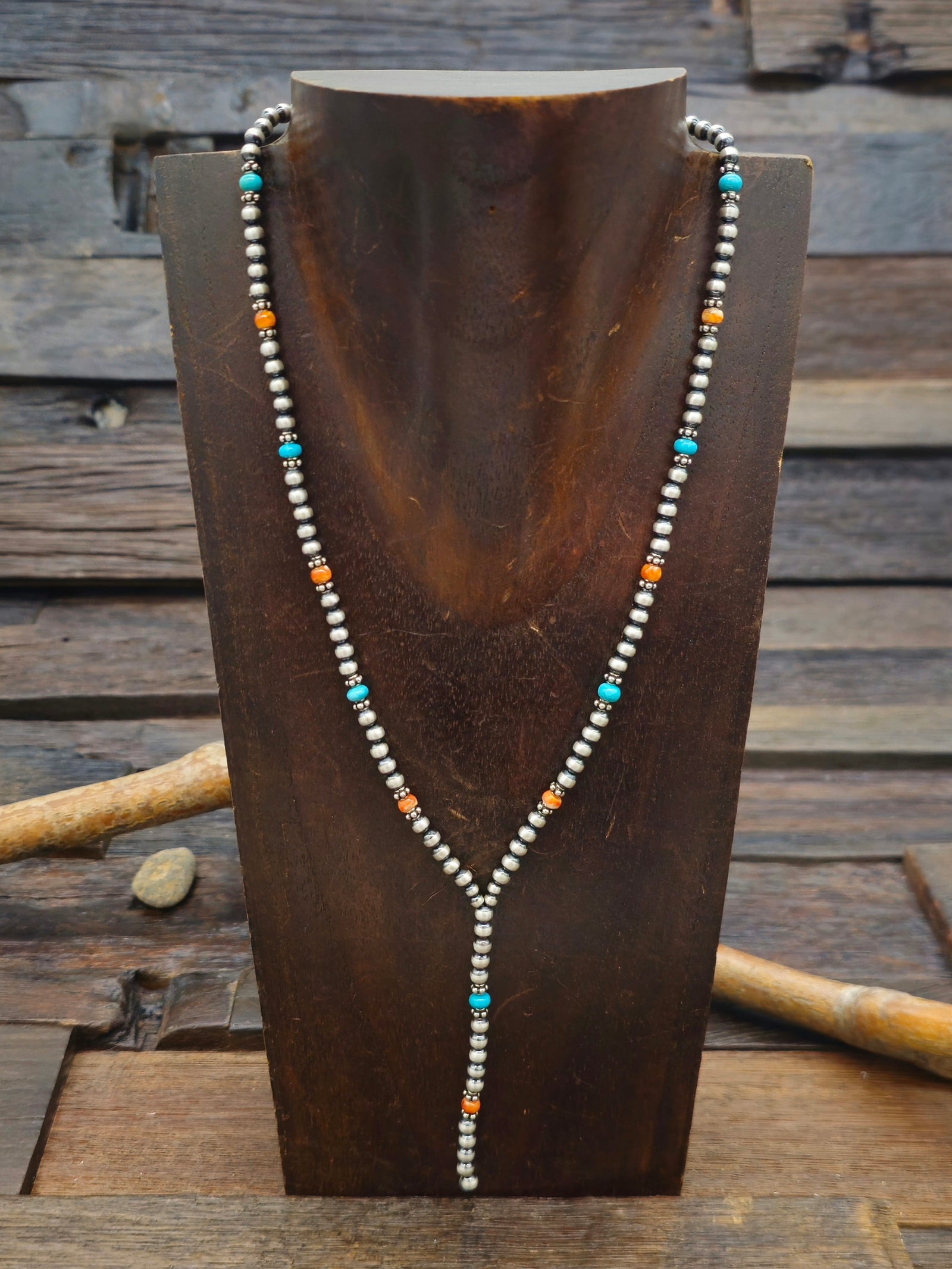 Turquoise, Spiny Oyster, and Sterling Silver Bead Necklace by Jan Mariano - 16 in. w/2 in. Extender