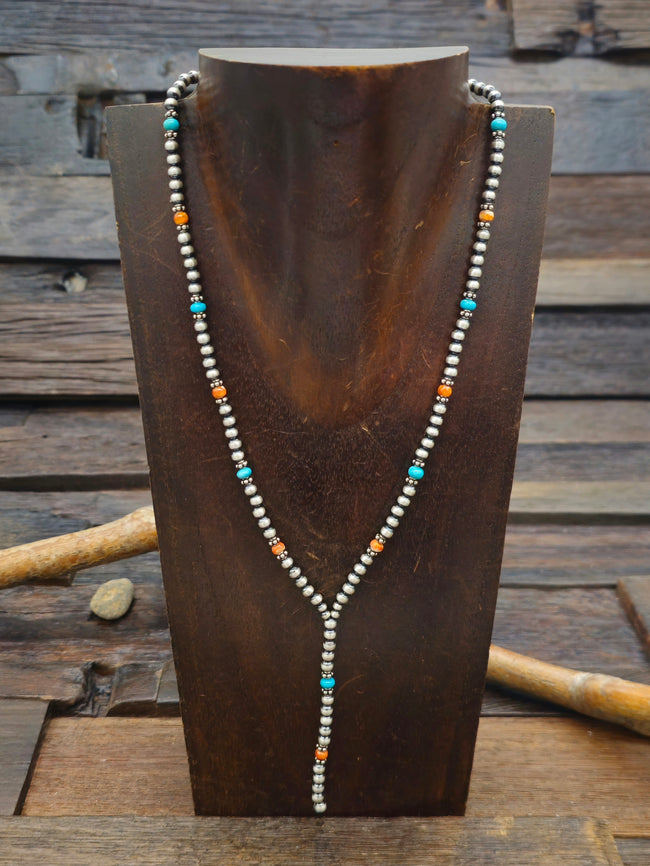 Turquoise, Spiny Oyster, and Sterling Silver Bead Necklace by Jan Mariano - 16 in. w/2 in. Extender