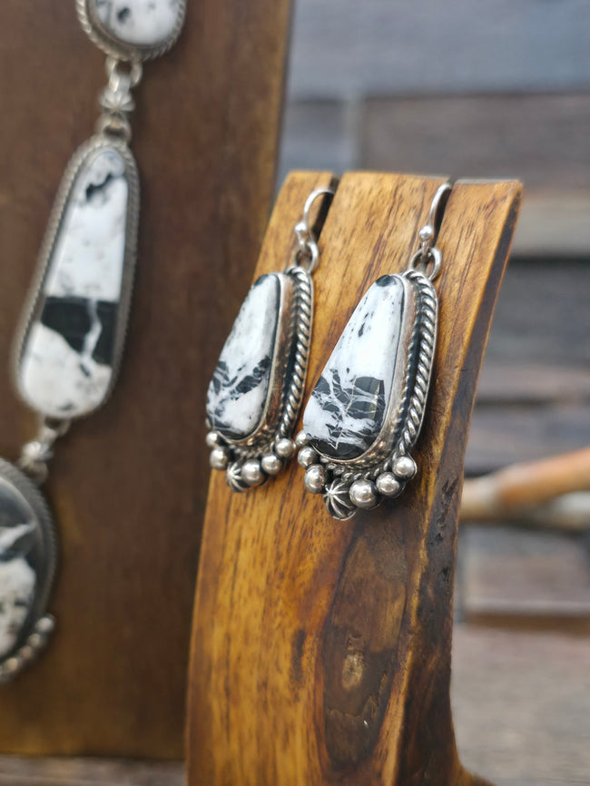 Sterling Silver and White Buffalo Necklace and Earring Set by Rosella Paxton - 27 in.