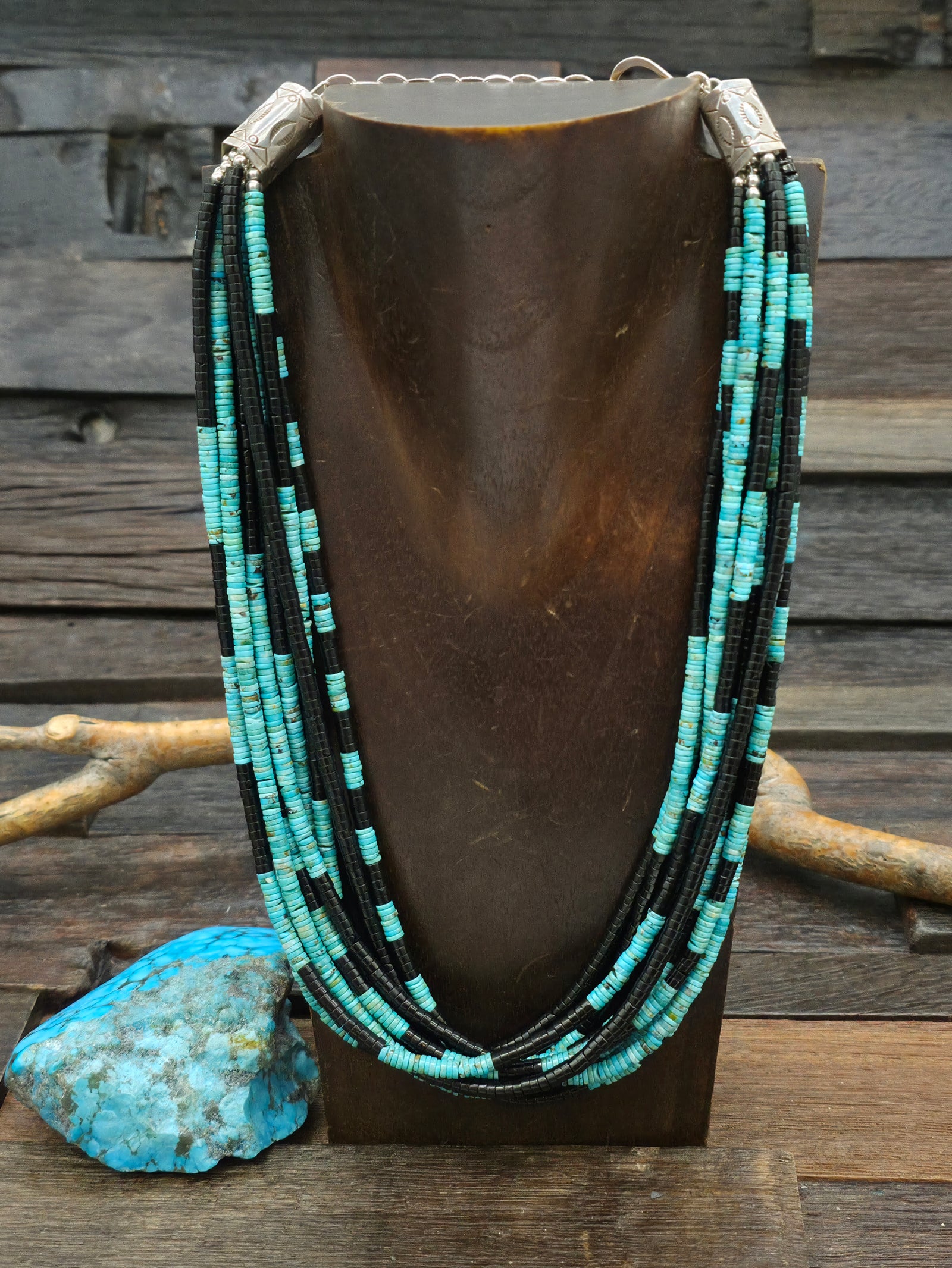 10 Strand Blue Turquoise Jet Necklace 20in w/6in Extender by Fred Archuleta