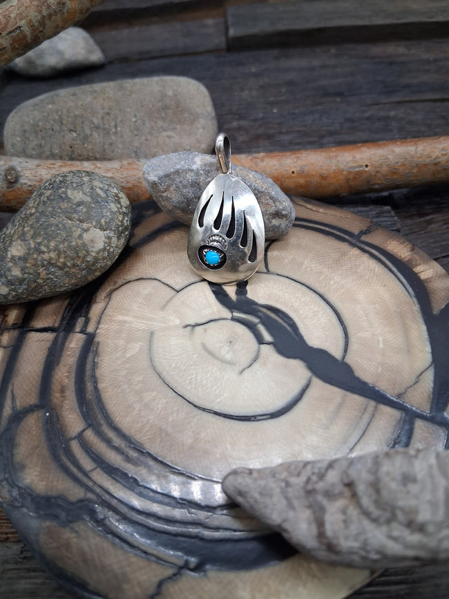 Sterling Silver Turquoise Bear Paw Pendant by Ervin Begay