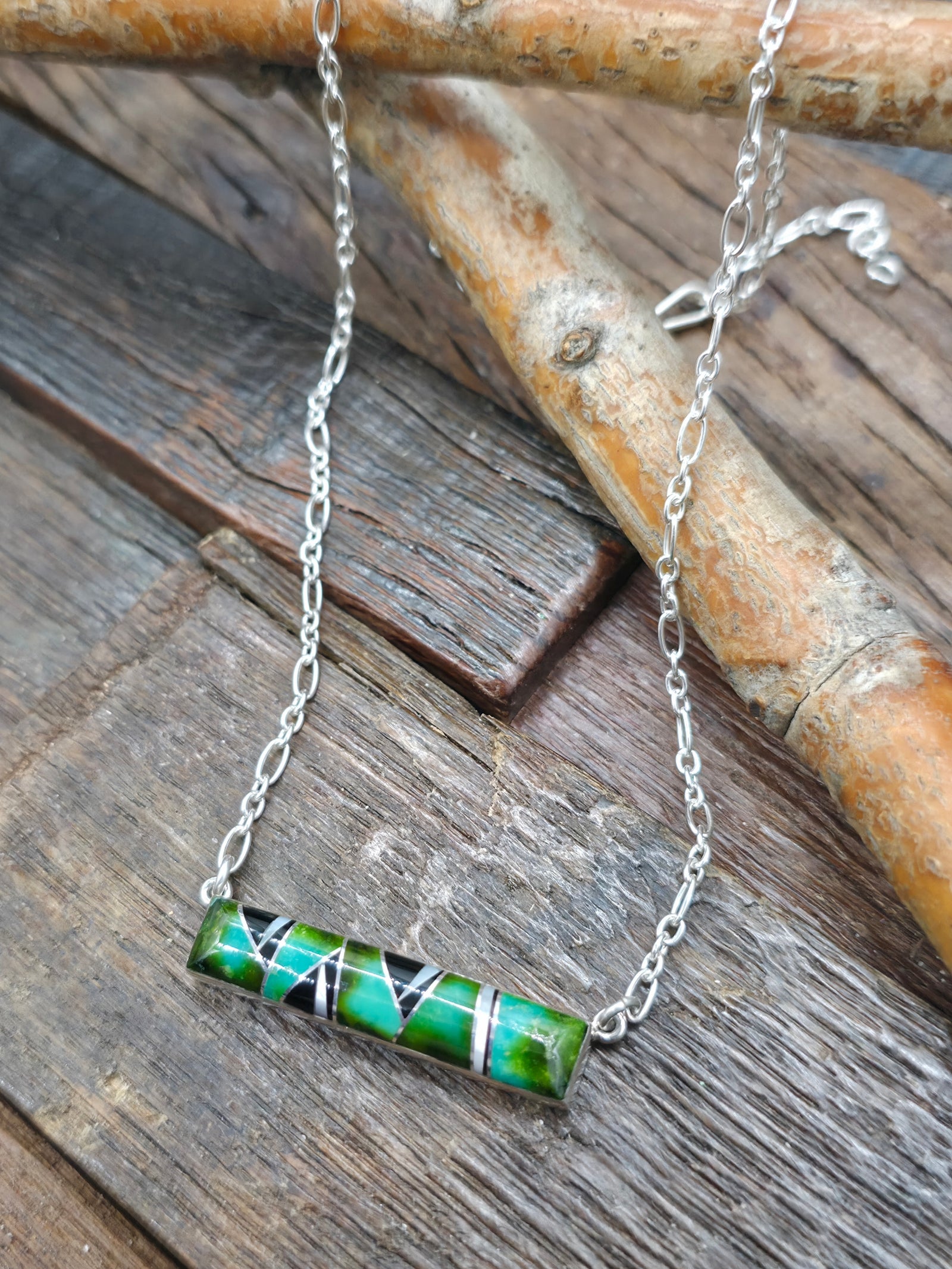 Sterling Silver Inlay Bar Necklace by Cathy Webster - 18 in. - Sonoran, Onyx, Mother of Pearl