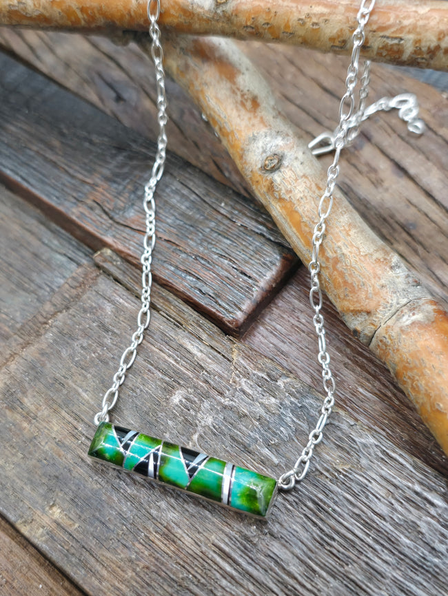 Sterling Silver Inlay Bar Necklace by Cathy Webster - 18 in. - Sonoran, Onyx, Mother of Pearl