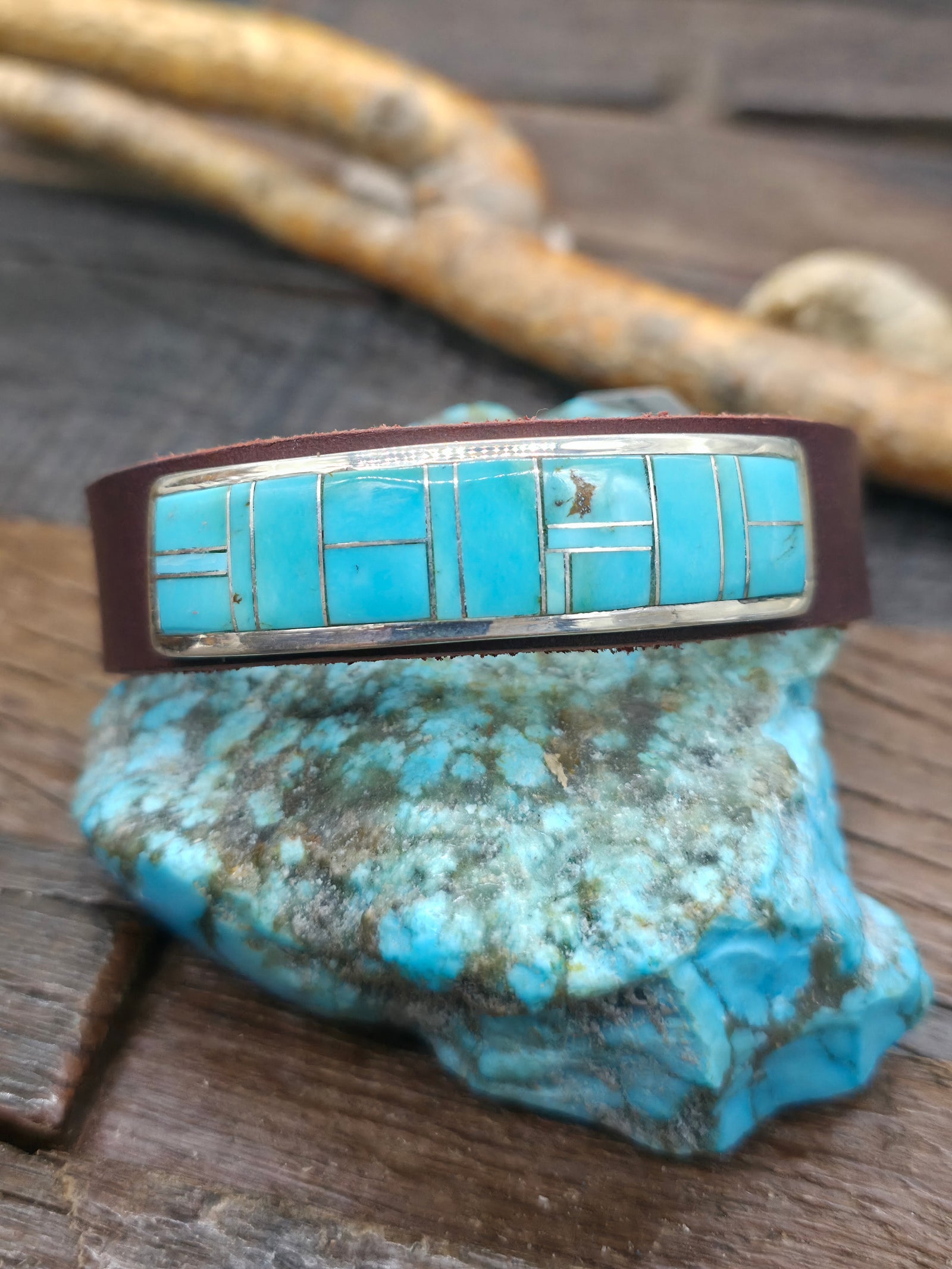 Brown Leather Bracelet with Sterling Silver and Turquoise Inlay by Edison Yazzie - 8 to 9 in.
