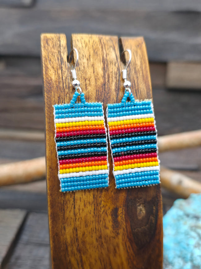 Beadwork Earrings - Blue Serape Design - 2 in. by 3/4 in.