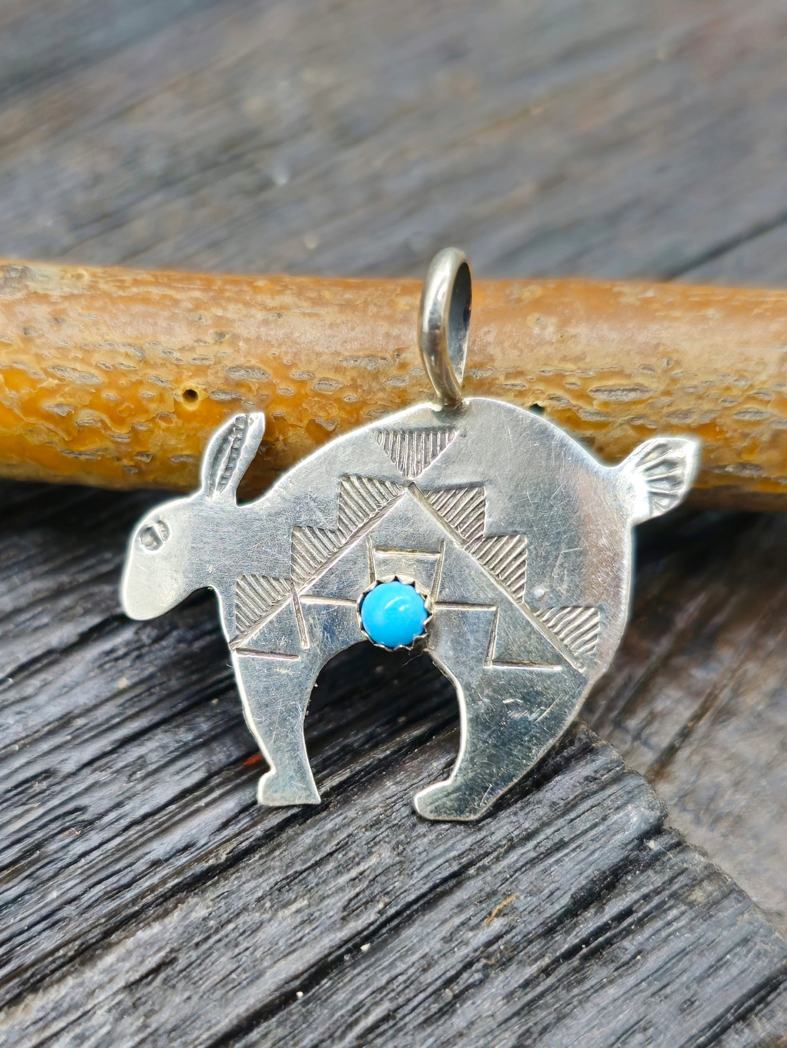 Stamped Sterling Silver and Turquoise Rabbit Pendant by Lucille Platero