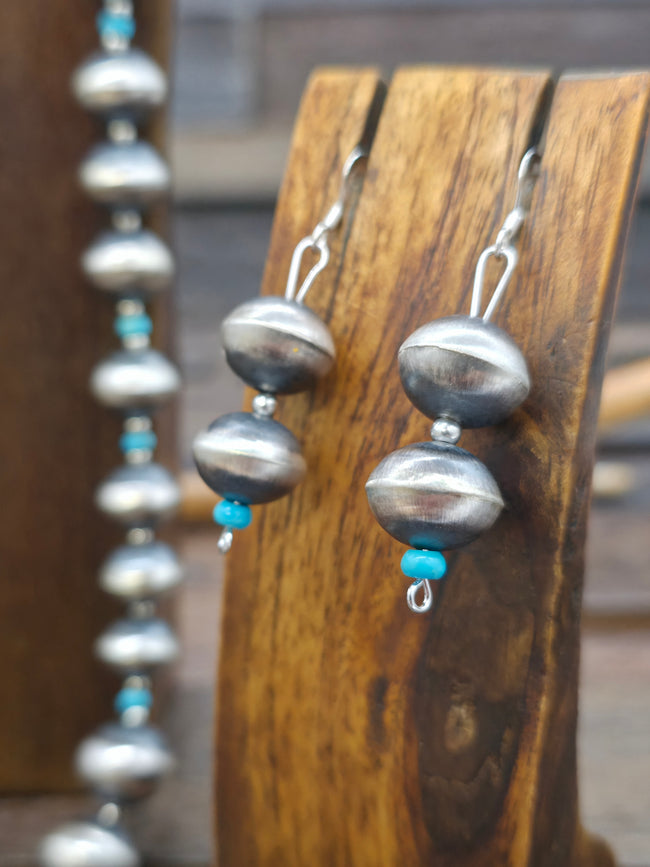 Stamped Sterling Silver and Blue Turquoise Bead Necklace and Earring Set by Sharon Cooley - 31 in.