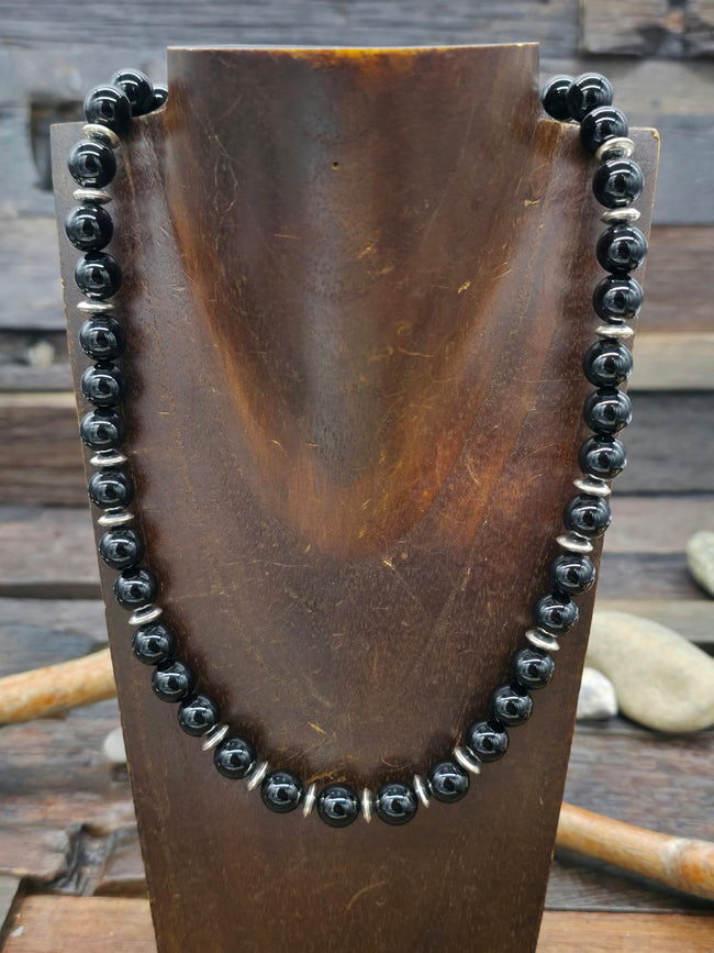 Black Onyx and Oxidized Sterling Silver Bead Necklace by Fred Archuleta - 20 in.