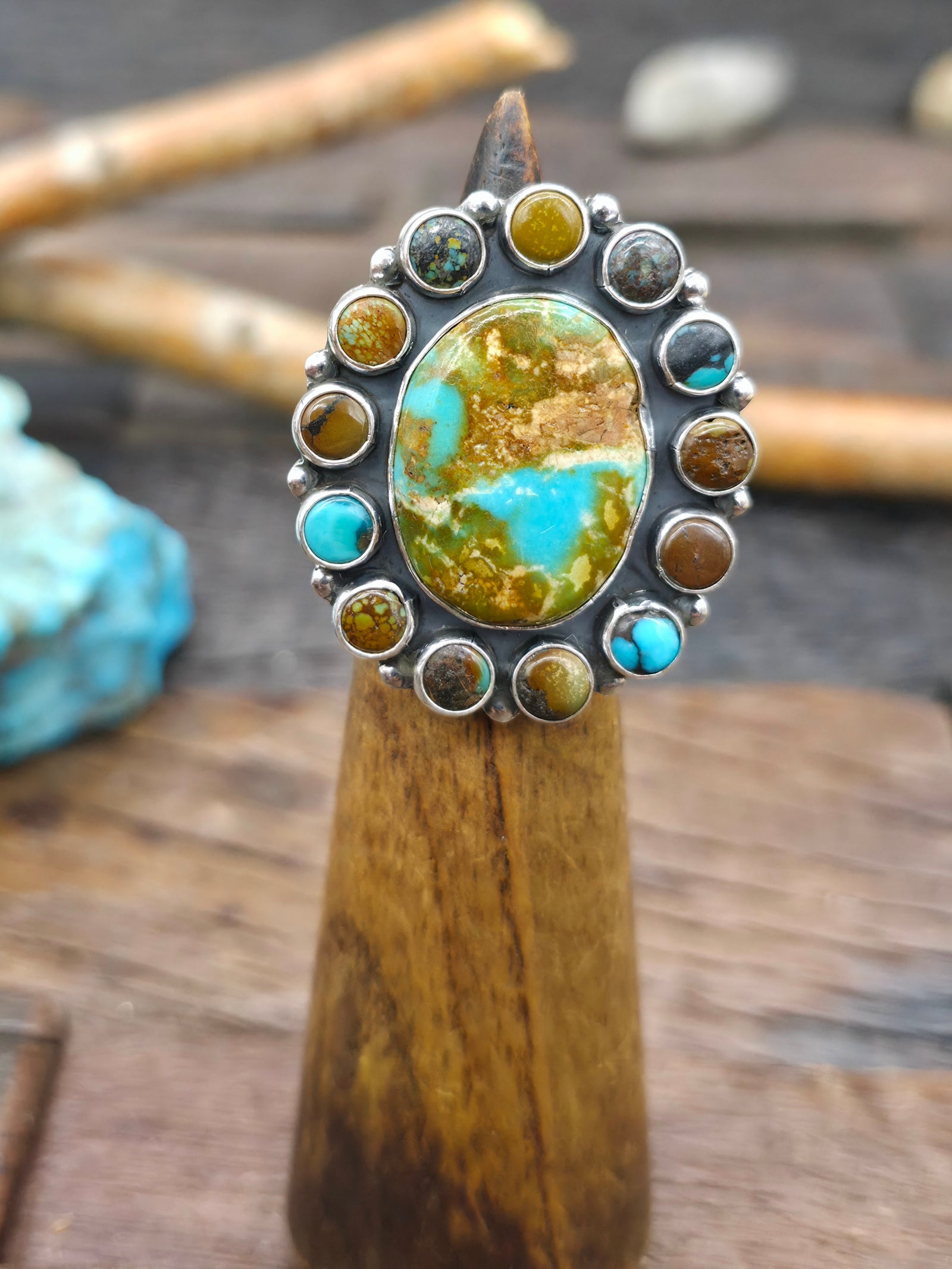 Sterling Silver Skyhorse Turquoise Cluster Ring by Martin Perry - Size 6