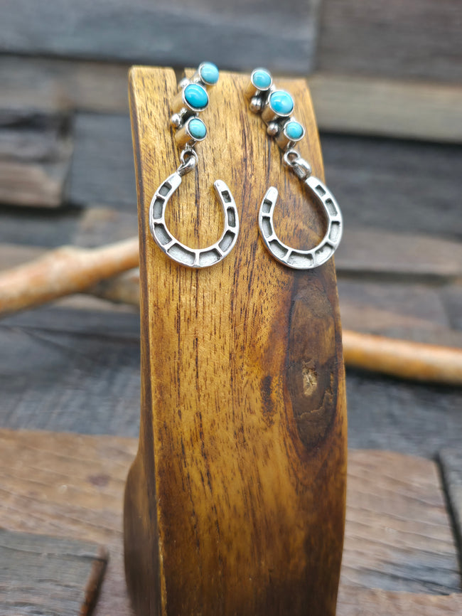 Three Stone Sterling Silver Turquoise Horseshoe Earrings by Brandon Belin - 1 3/4 in. by 3/4 in.