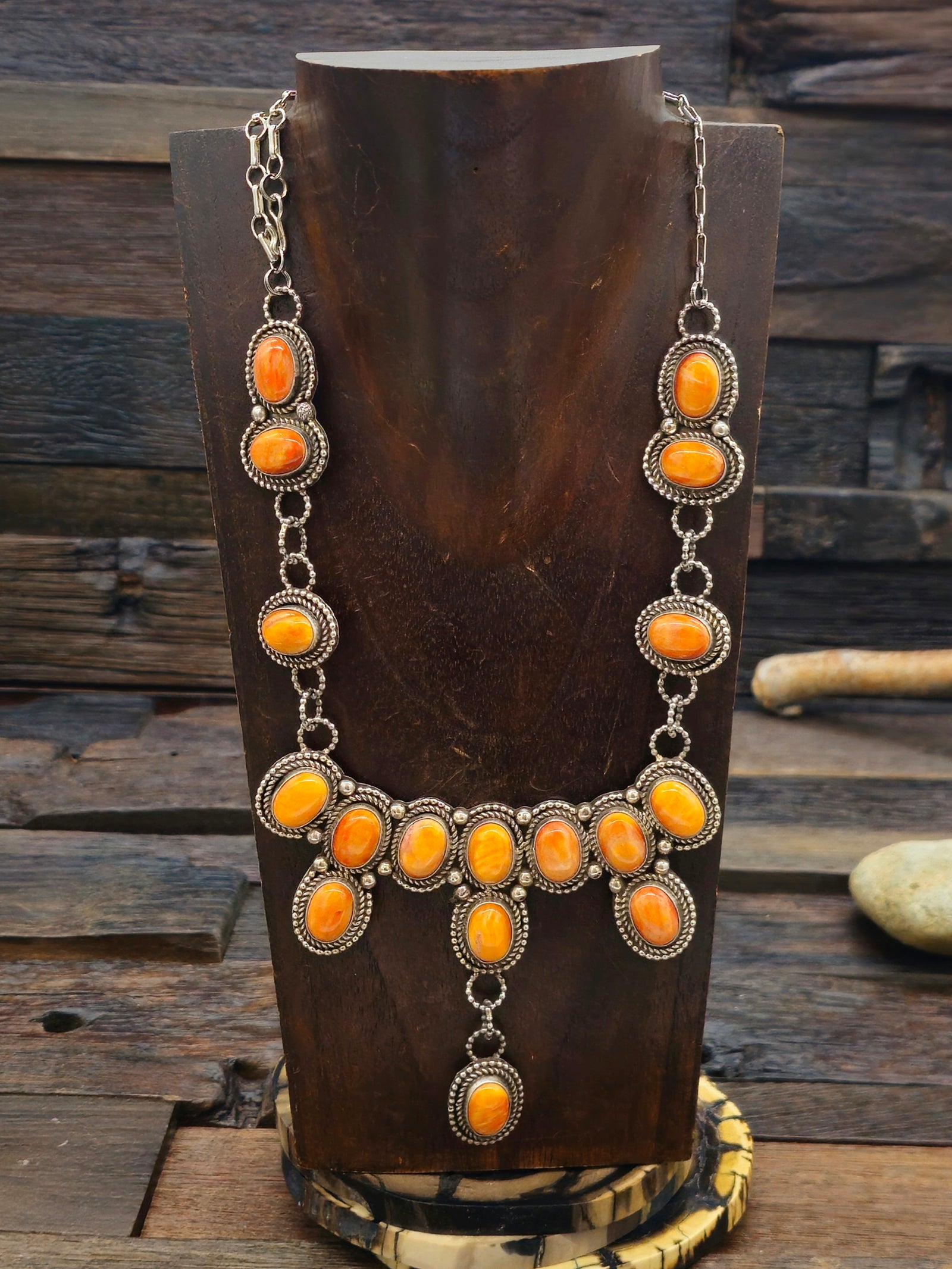 Sterling Silver and Orange Spiny Oyster Necklace - 22 in.