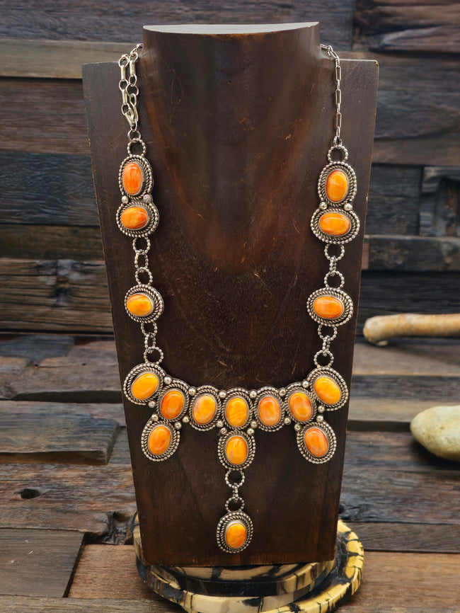 Sterling Silver and Orange Spiny Oyster Necklace - 22 in.