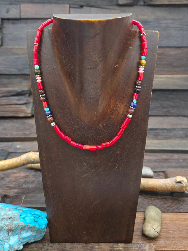 Red Coral and Mixed Bead Necklace w/Sterling Silver by Rose Singer - 15 in