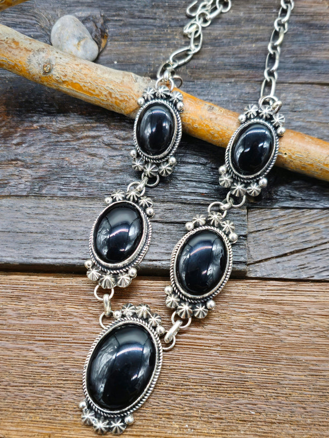Sterling Silver and Black Onyx Lariat Necklace by Rosella Paxton - 32 in.