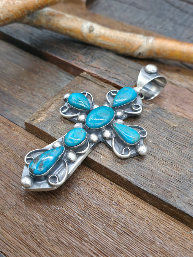 Chimney Butte Sterling Silver Turquoise Cross Pendant - 4 1/2 in. by 2 1/2 in.