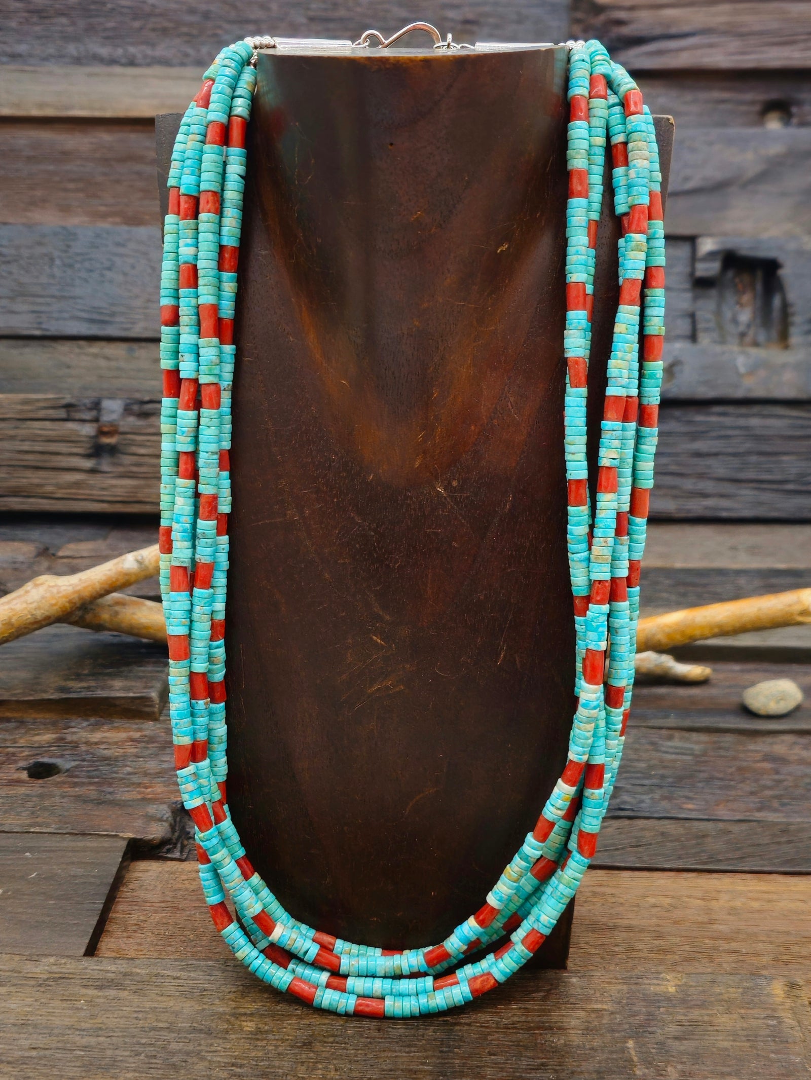 Five Strand Blue Turquoise and Coral Necklace by Fred Archuleta - 30 in
