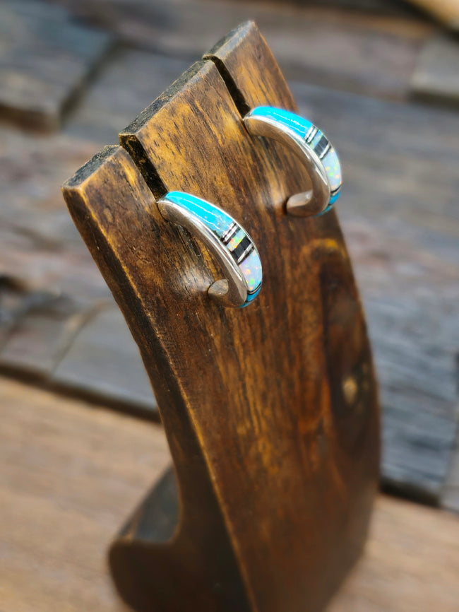 Blue Turquoise, Opal, and Onyx Sterling Silver Inlay Half Hoop Earrings