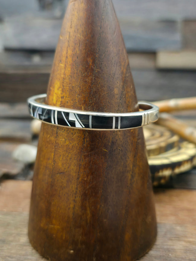 Onyx and Mother of Pearl Inlay Sterling Silver Cuff - 6 3/4 in.