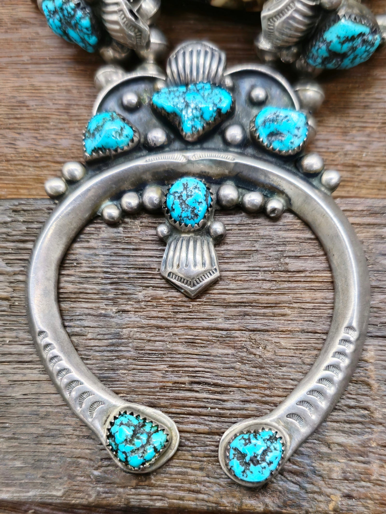 Vintage/Estate Sterling Silver Kingman Turquoise Squash Blossom Necklace - 24 in.