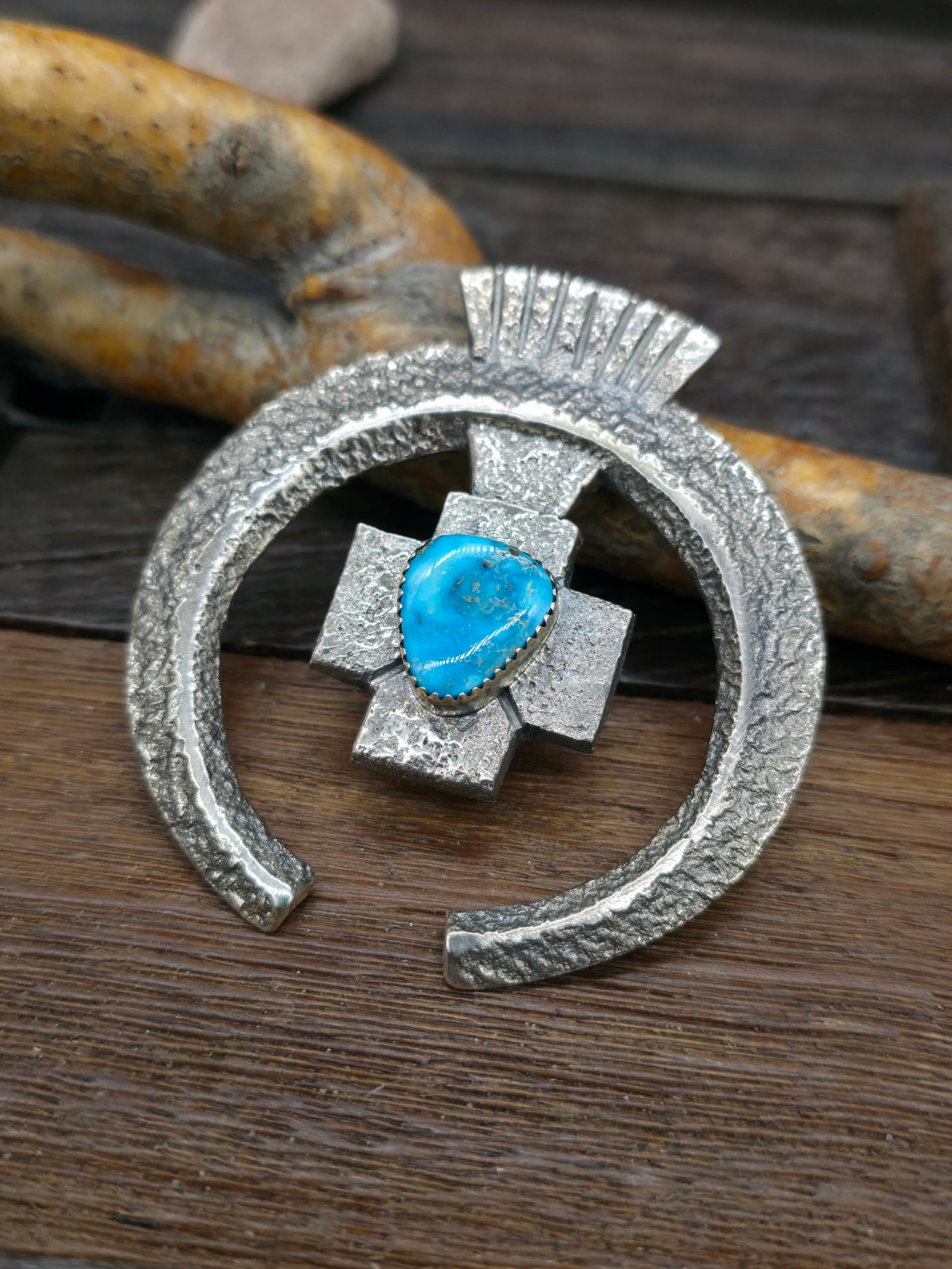 Sterling Silver Sand Cast Kingman Turquoise Naja Pendant by Gary Cluster