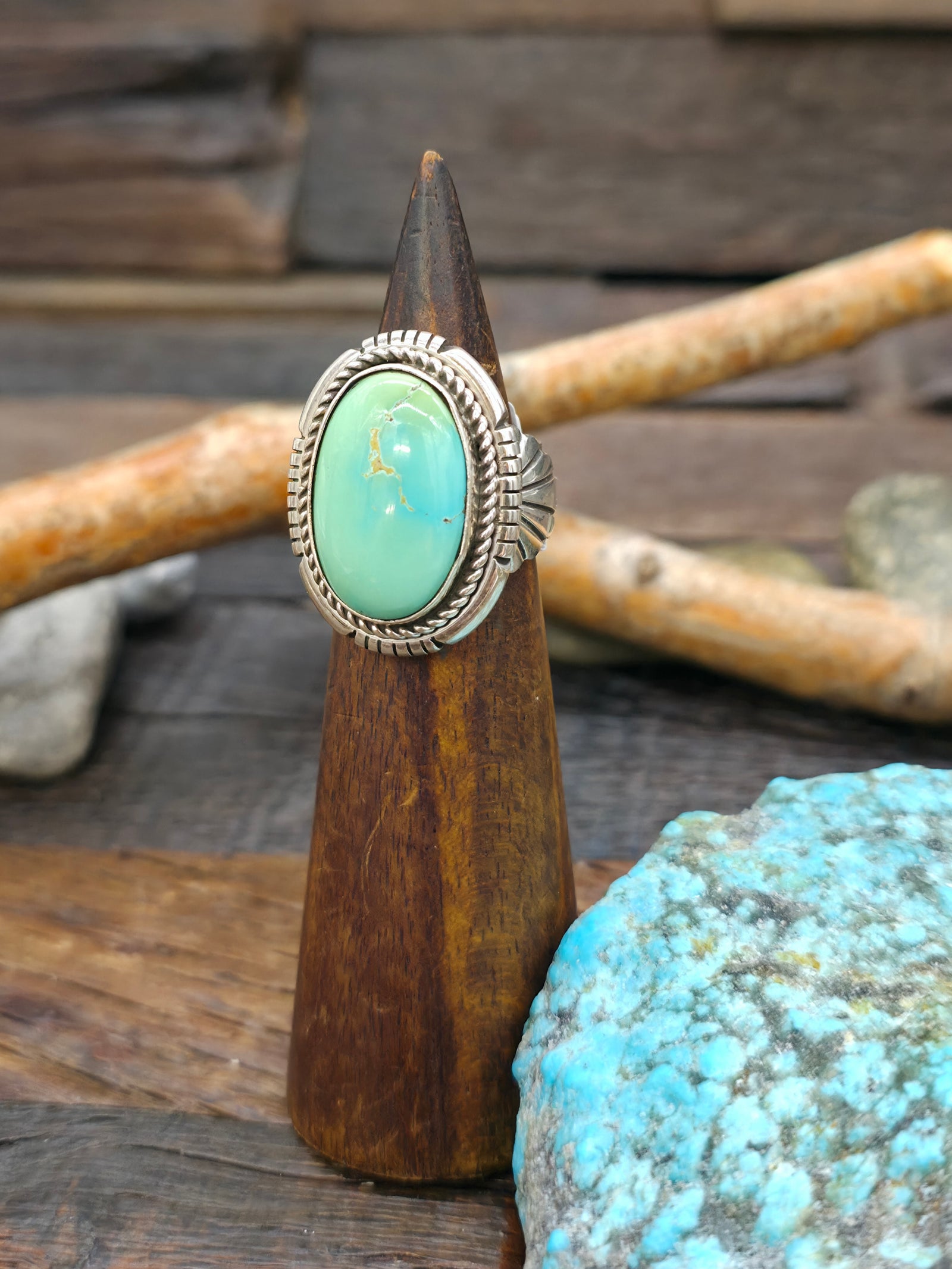 Sterling Silver and Green Turquoise Ring by Delbert Vandever - Size 9 1/2