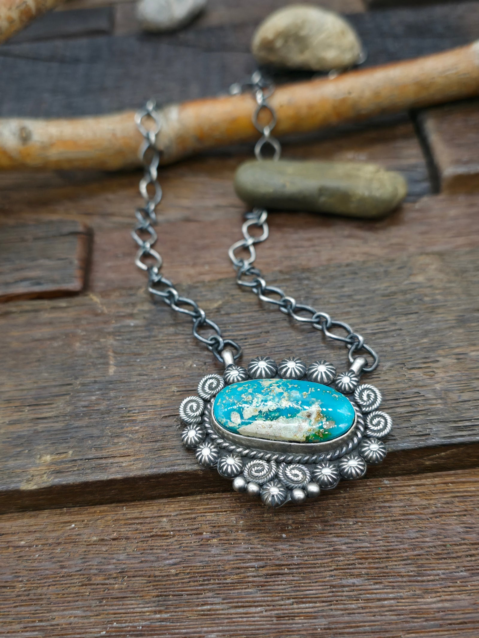Oxidized Sterling Silver and Fox Turquoise Oval Pendant Necklace by R. Calladito - 19 in.