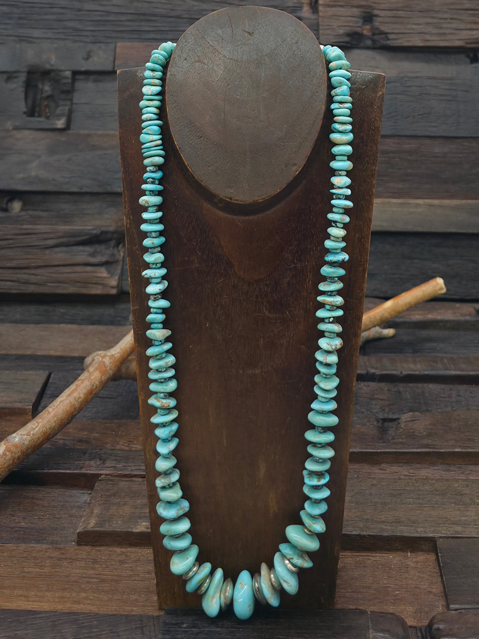Sky Horse Turquoise and Sterling Silver Bead Necklace by Fred Archuleta - 26 in.