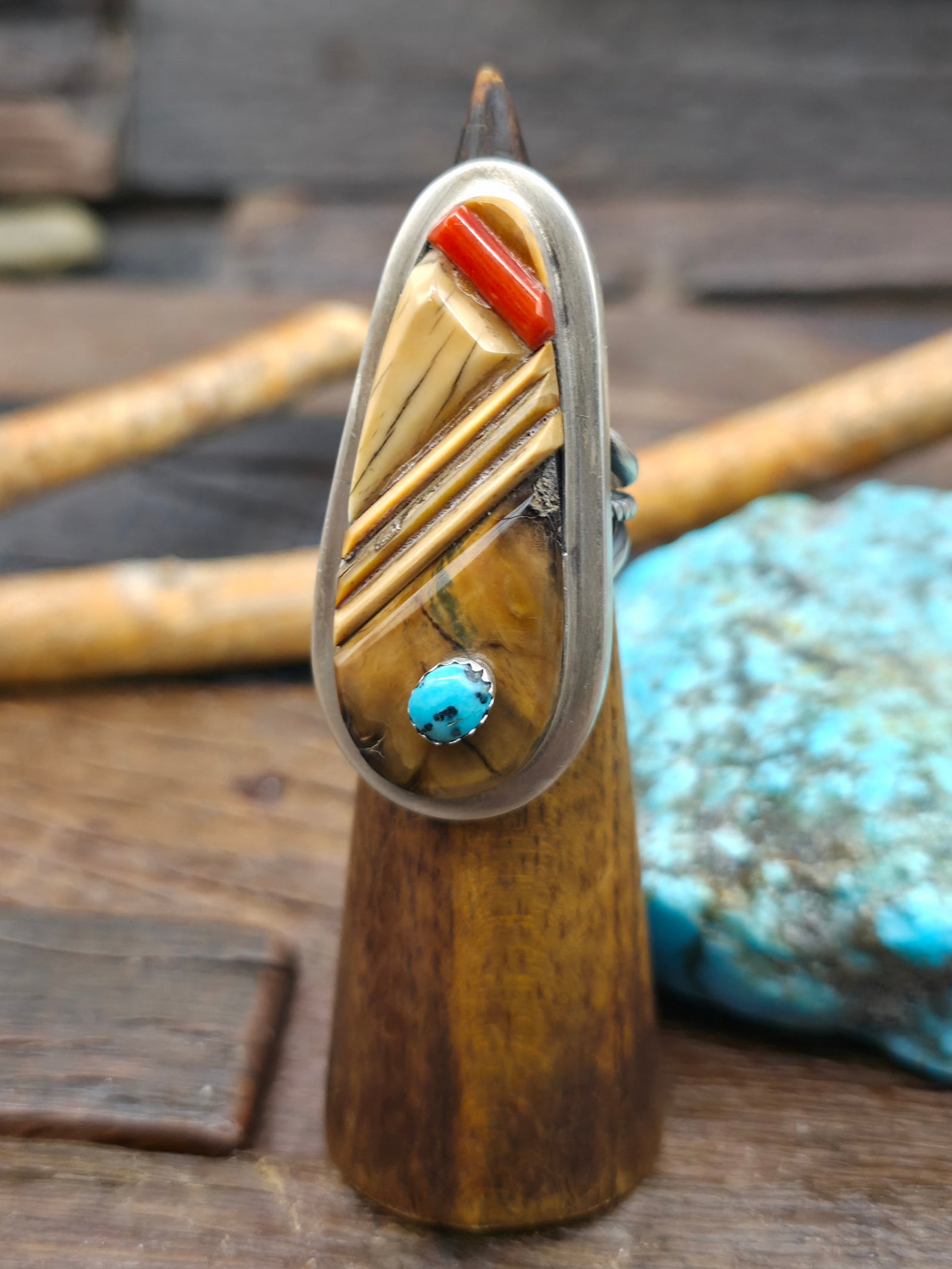 Sterling Silver Cobblestone Inlay Ring with Coral, Turquoise, and Fossil Ivory by Walter Vandever - Size 9 1/2