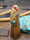 Sterling Silver Cobblestone Inlay Ring with Coral, Turquoise, and Fossil Ivory by Walter Vandever - Size 9 1/2