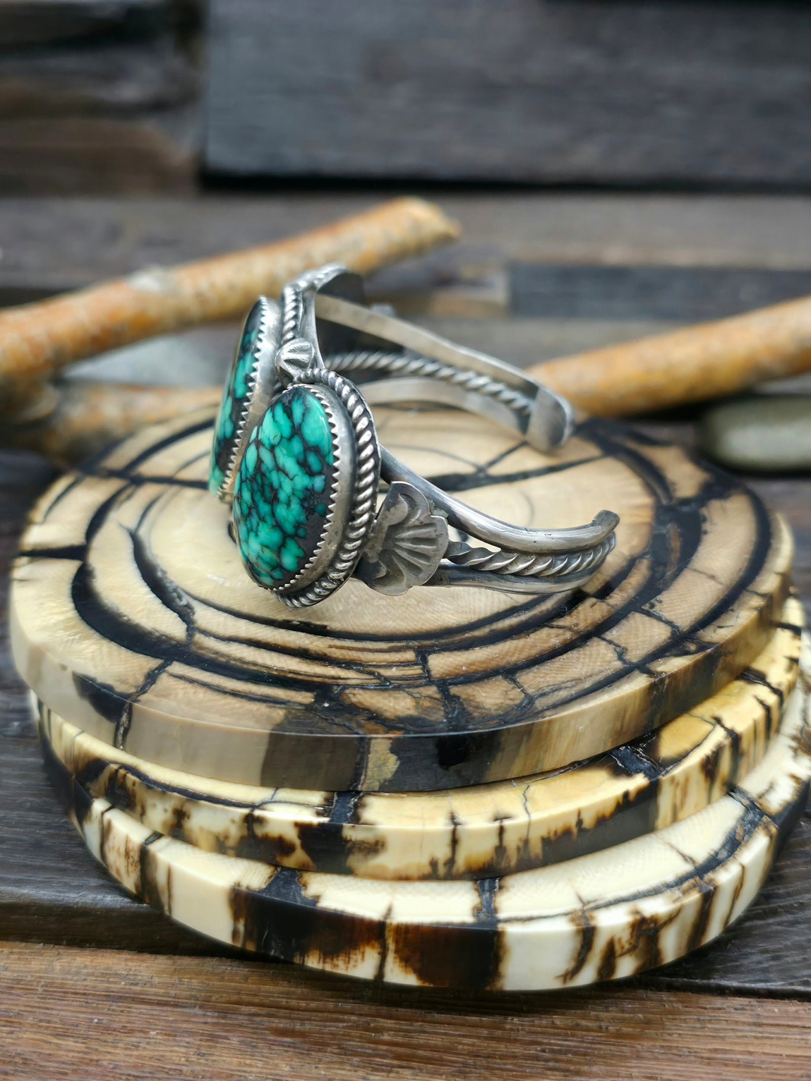 Three Stone Variscite Sterling Silver Cuff by Richard Jim - 6 1/4 in.
