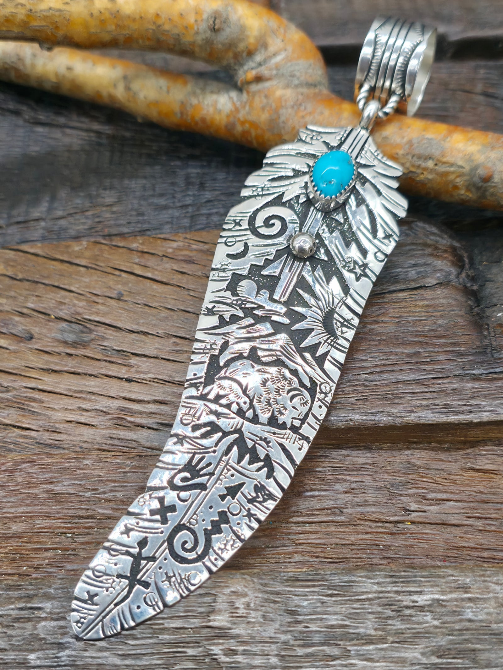 Large Sterling Silver and Turquoise Feather Pendant by Richard Singer - 6 in. by 1 1/2 in.