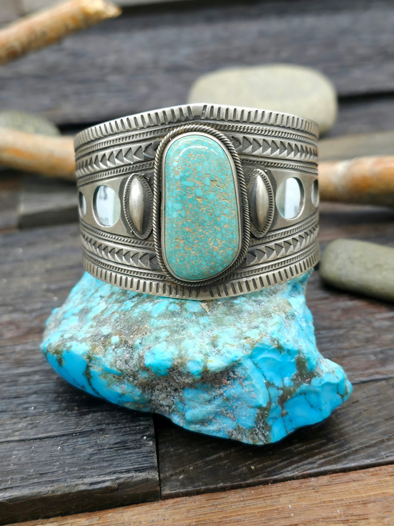 Turquoise Sterling Silver Bracelet by Julian Chavez - 7 in.