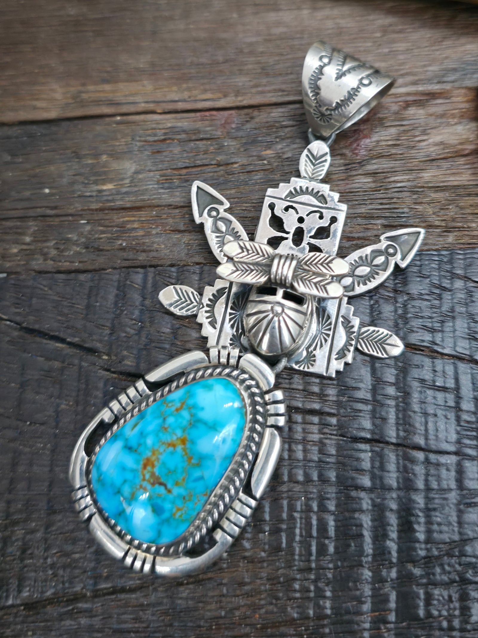 Stamped Sterling Silver Turquoise Kachina Pendant by F. Charley - 3 1/2 in. by 1 1/2 in.