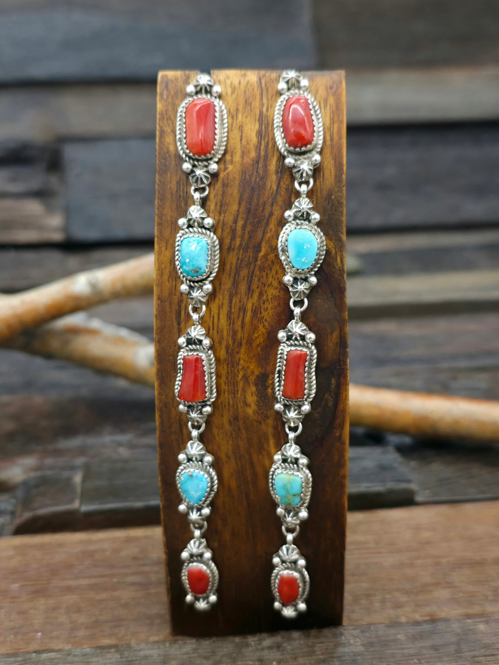 Long Turquoise and Coral Sterling Silver Earrings by Rosella Paxton