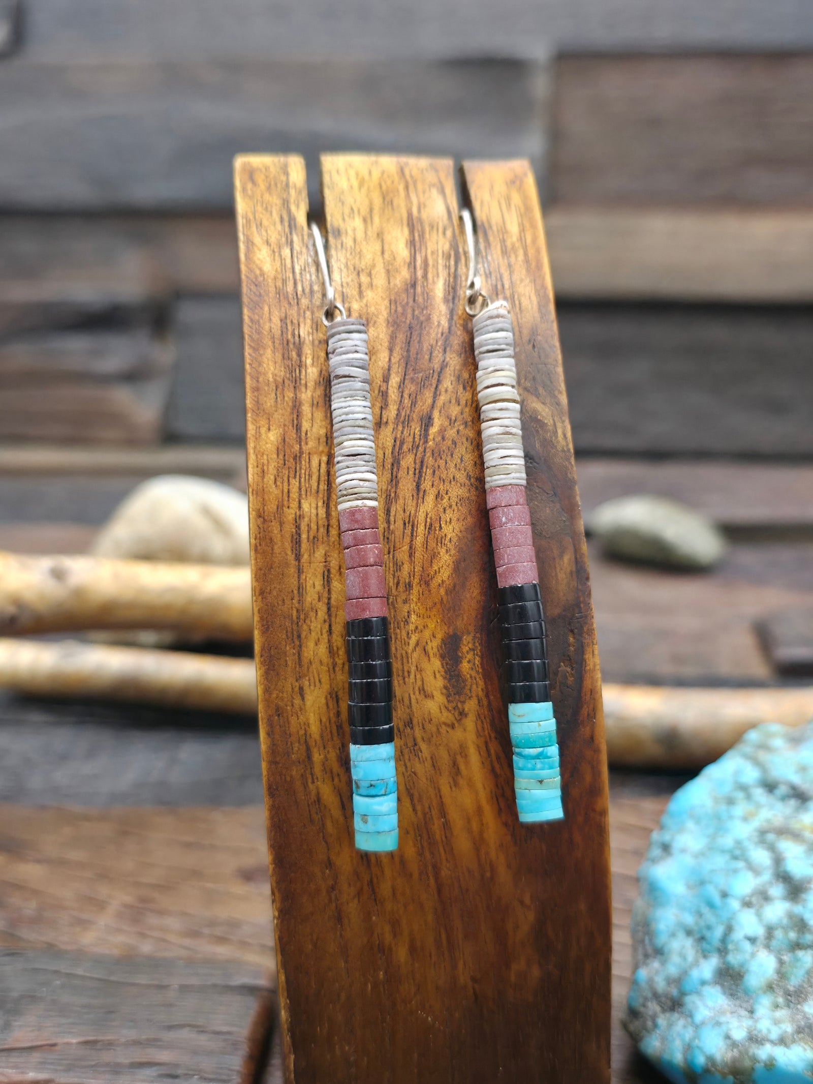 Turquoise, Jet, Pipestone, and Shell Heishi Earrings by Torevia Crespin