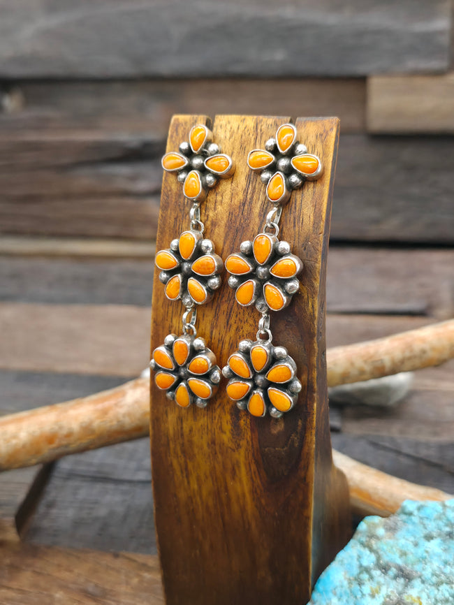 Sterling Silver Orange Spiny Oyster Flower Earrings by Linda Yazzie