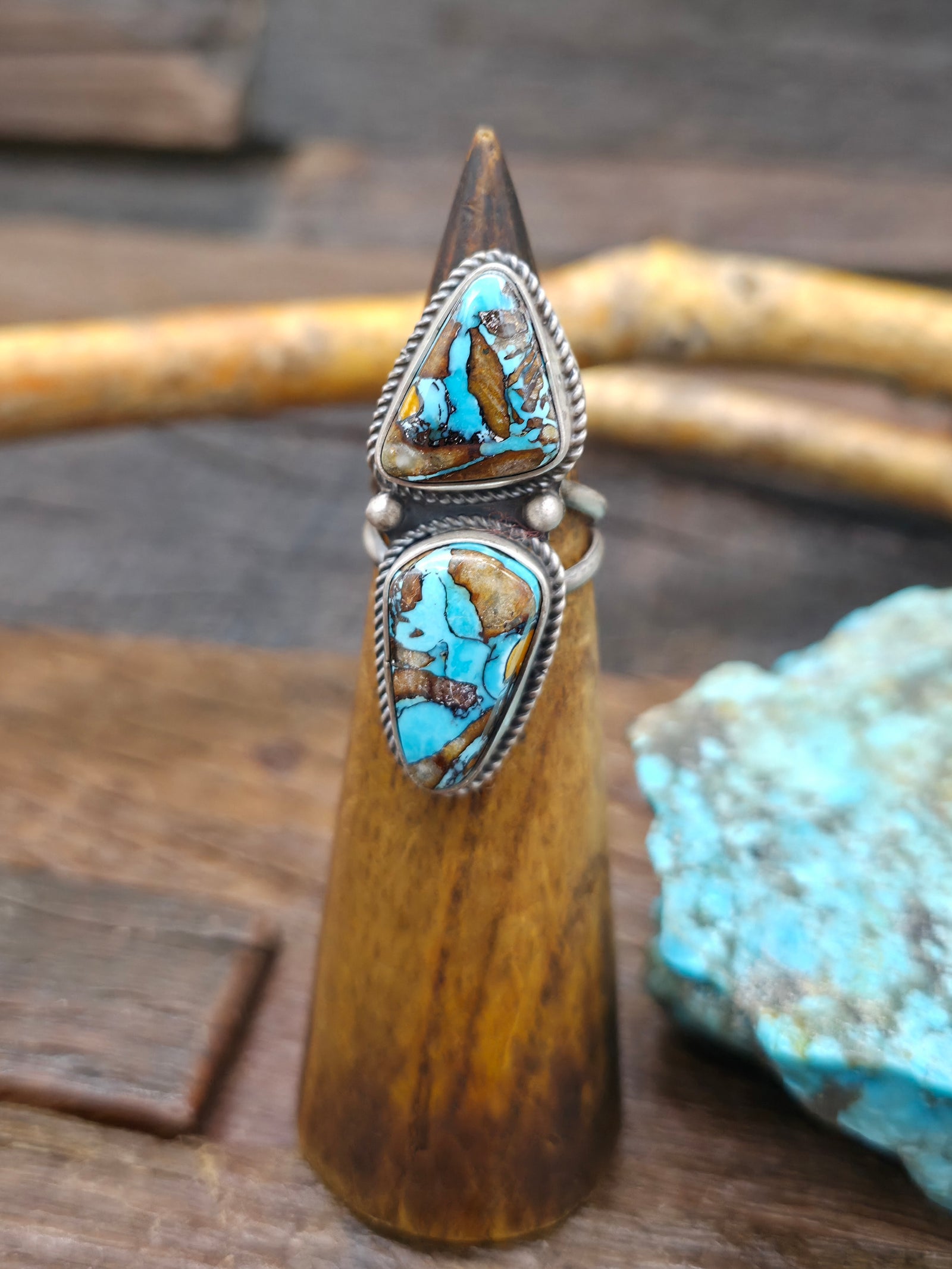 Two Stone Sterling Silver Candelaria Turquoise Ring by L. Ganado - Size 8
